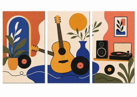 3 Panel abstract triptych Paint by Numbers wall art with guitar, vinyl records, turntable, speakers, plants and modern music room design