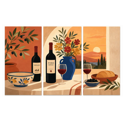 3 Panel food and drink triptych Paint by Numbers wall art with Italian wine bottles, red wine glasses, olives, bread, flowers, ceramic bowl and Mediterranean table scene