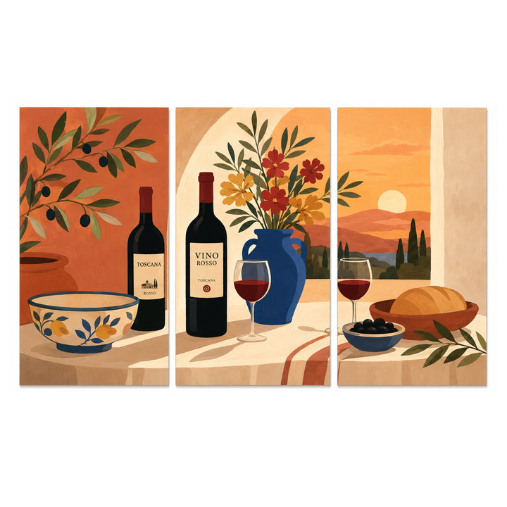 3 Panel food and drink triptych Paint by Numbers wall art with Italian wine bottles, red wine glasses, olives, bread, flowers, ceramic bowl and Mediterranean table scene