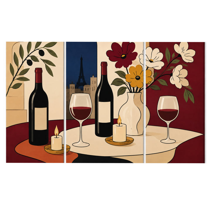 3 Panel food and drink triptych Paint by Numbers wall art with Paris wine scene, red wine glasses, bottles, candles, flowers and elegant dining design