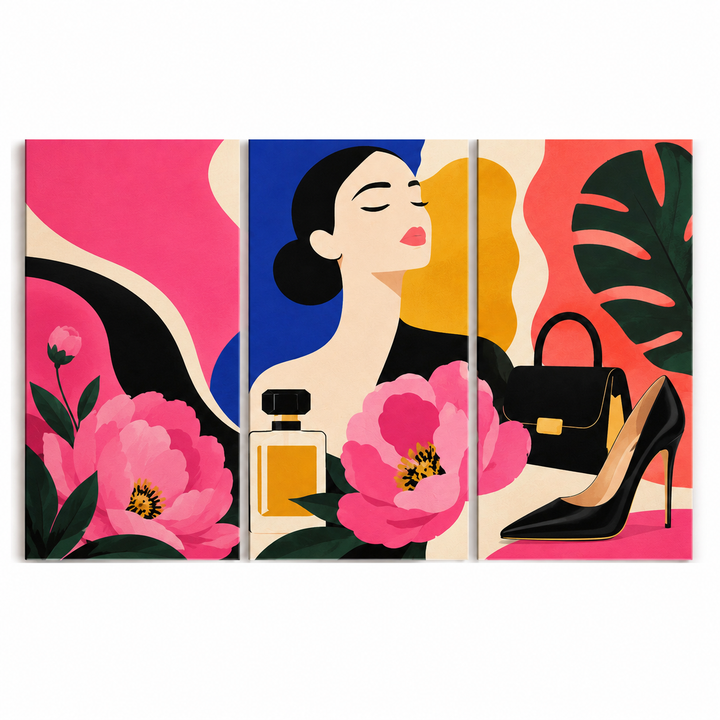 3 Panel portrait triptych Paint by Numbers wall art with fashion woman, perfume bottle, handbag, high heels, pink flowers and modern editorial design