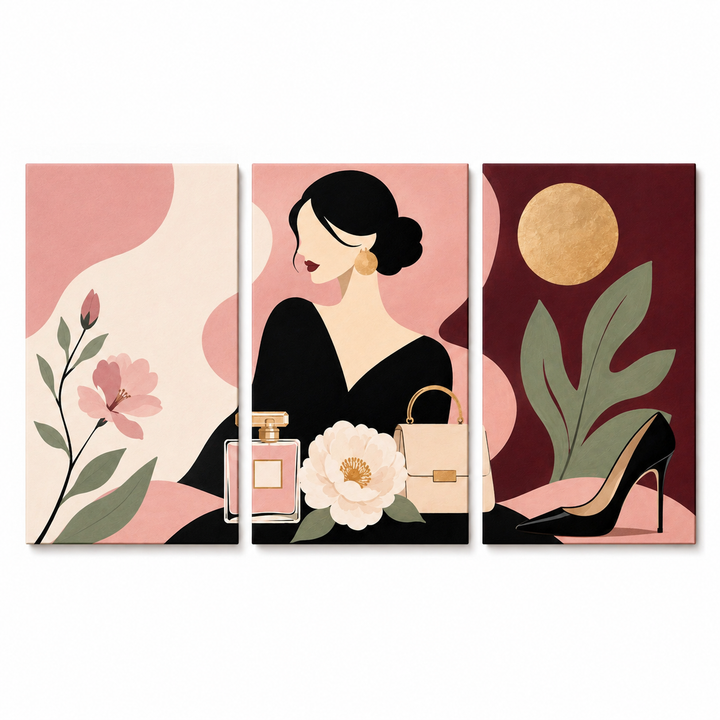 3 Panel portrait triptych Paint by Numbers wall art with elegant woman wearing hat, perfume bottle, handbag, high heel, flowers and modern fashion illustration