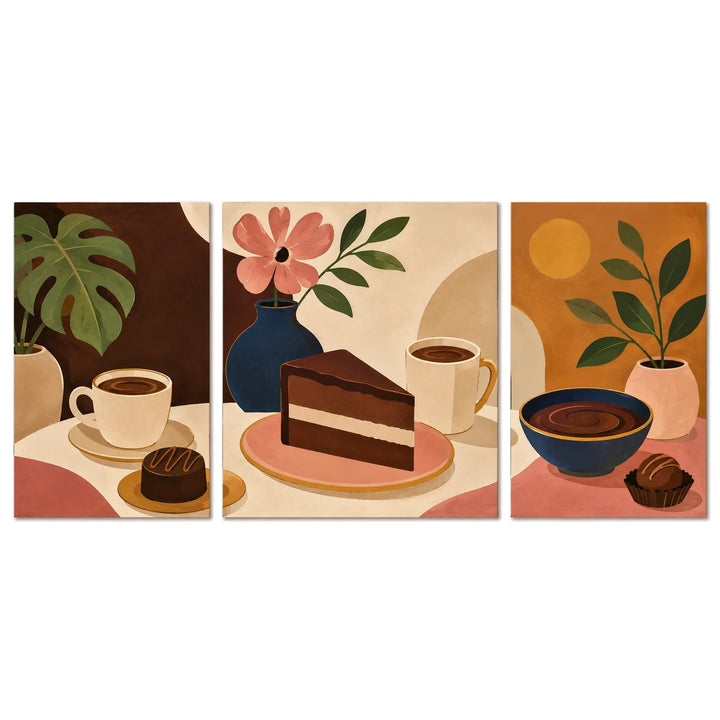 Paint by numbers triptych featuring coffee cups, chocolate cake, truffles, pink flowers, and green houseplants in warm brown, cream, terracotta, and navy tones.