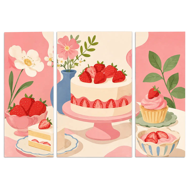 Paint by numbers triptych featuring strawberry cake, cupcakes, fresh strawberries, pink flowers, and sweet desserts in soft pink, cream, red, and pastel tones.