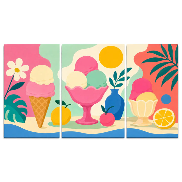 Paint by numbers triptych featuring colorful ice cream cones and sundaes with citrus fruits, flowers, tropical leaves, and playful pastel pink, mint, yellow, and blue tones.