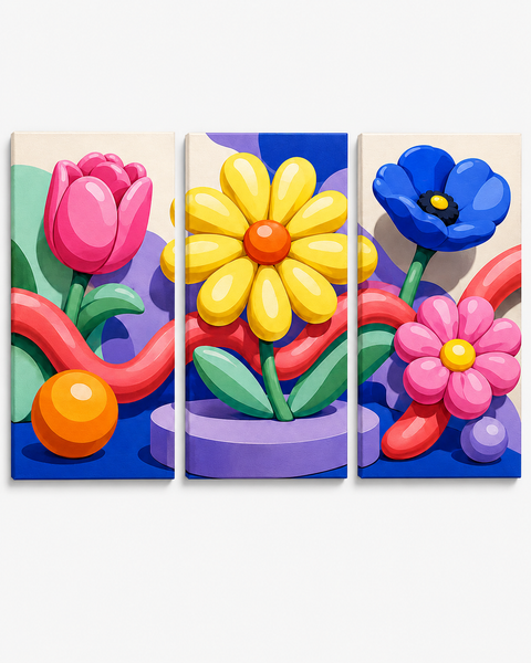 3 Panel floral triptych Paint by Numbers wall art with pink tulip, yellow daisy, blue flowers, colorful layered petals, curved stems and modern 3D flower garden desig