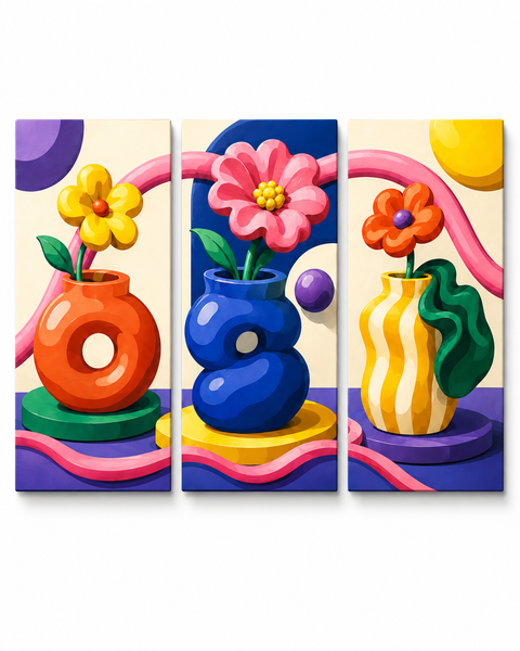 3 Panel floral triptych Paint by Numbers wall art with modern 3D ceramic vases, colorful flower blooms, layered petals, green leaves and abstract botanical design