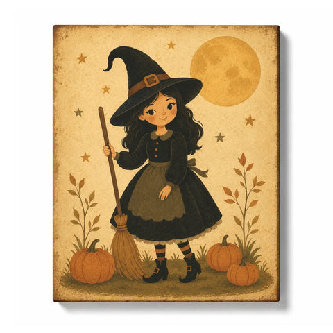 Vintage Halloween Paint by Numbers illustration of a smiling little witch holding a broom beside pumpkins, with a golden moon, stars and autumn plants.