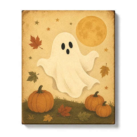 Vintage-style cream ghost floating above three orange pumpkins beneath a golden full moon, surrounded by autumn maple leaves and stars on a parchment-colored background.