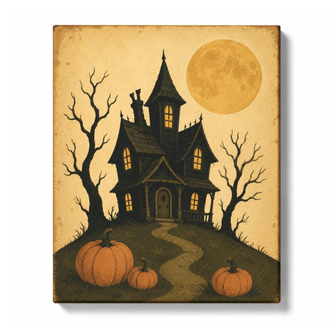 Vintage Halloween Paint by Numbers artwork of a crooked haunted house with glowing windows, three pumpkins, bare trees and a golden moon in a sepia sky.