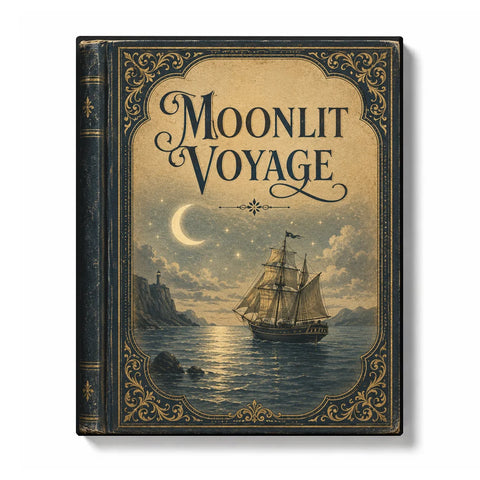 Moonlit Voyage Paint by Numbers For Adults featuring vintage book cover design with sailing ship, crescent moon, ocean reflection and antique details
