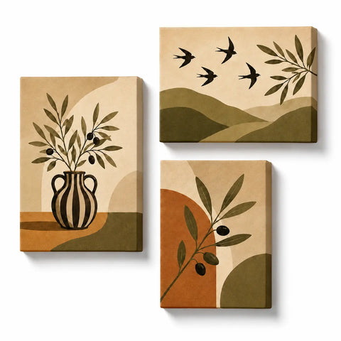 Boho 3 Panel Paint by Numbers For Adults featuring olive branches, black olives, striped vase, flying birds and earthy green terracotta triptych
