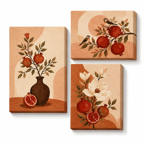 3 Panel Paint by Numbers For Adults featuring Boho pomegranates, white flowers, birds and botanical branches in warm terracotta cream and olive triptych