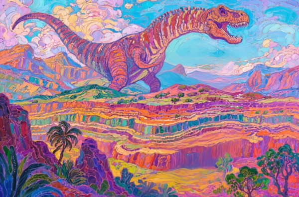 Paint by Numbers：Apex Roar Colorful Tyrannosaurus Rex Displaying Power in a Fantastic Landscape Painting Kit