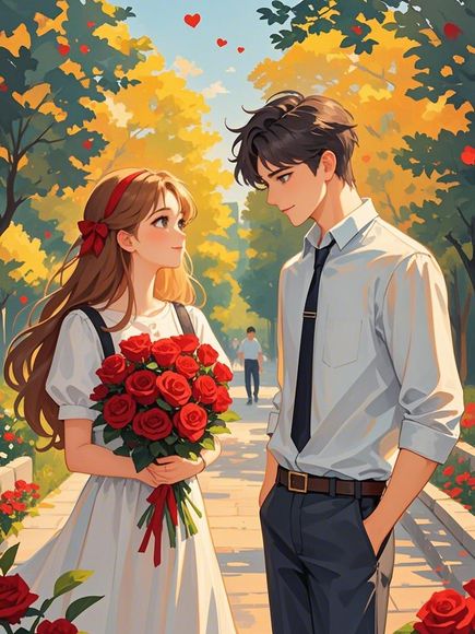 Paint by Numbers：Autumn Love Whispers Gazing Eyes Under Falling Leaves, a Young Couple Looking Affectionately at Each Other on a Park Path Covered with Golden Leaves, Romance Filling t