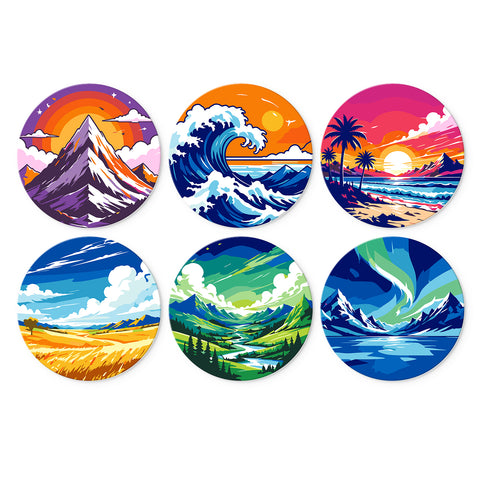 Portable Mini Paint by Numbers Set (6 in) For Kids with mountain sunset, ocean wave, tropical beach, golden field, green valley and aurora landscape designs