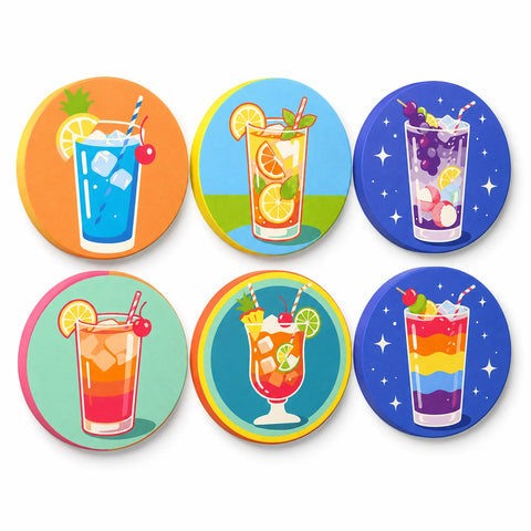 Tropical Fruit Drinks Portable Mini Paint by Numbers Set (6 in) For Kids featuring six bright drinks with citrus slices, cherries, ice cubes and colorful layers