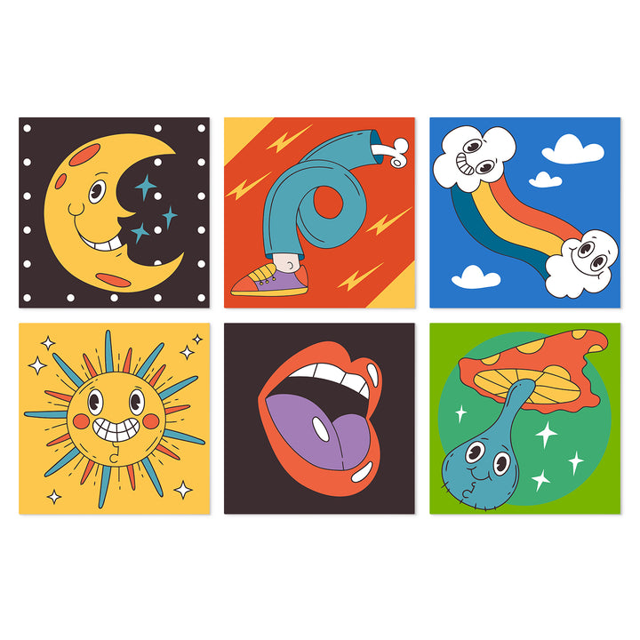 Portable Mini Paint by Numbers Set (6 in) For Kids with smiling moon, sun, rainbow cloud, colorful sneaker, cartoon face and mushroom character designs