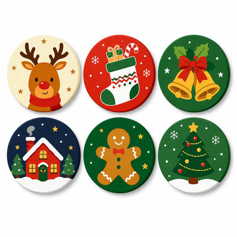 Reindeer Gingerbread and Christmas Tree Portable Mini Paint by Numbers Set (6 in) For Kids with stocking, bells, snowy cottage and six festive holiday designs