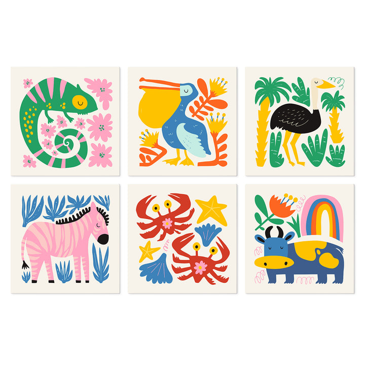 Portable Mini Paint by Numbers Set (6 in) For Kids with chameleon, toucan, zebra, jungle bird, crabs, rainbow animal and tropical nature designs
