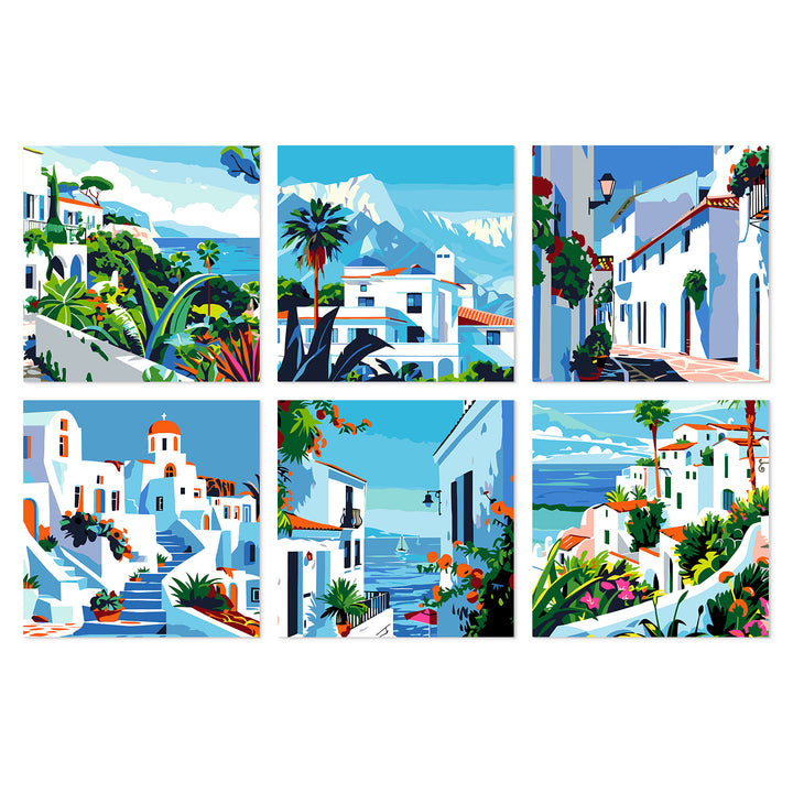 Portable Mini Paint by Numbers Set (6 in) For Kids with Mediterranean village, white houses, palm trees, ocean views, coastal streets and seaside landscape designs