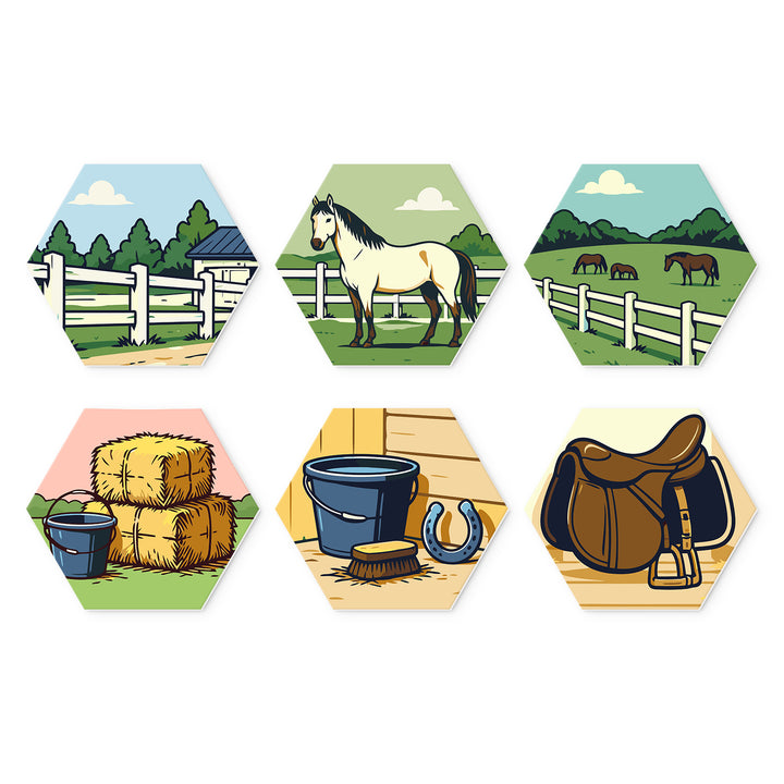 Portable Mini Paint by Numbers Set (6 in) For Kids with horse, ranch farm, pasture, hay bales, grooming tools and saddle designs