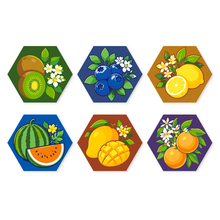 Portable Mini Paint by Numbers Set (6 in) For Kids with kiwi, blueberries, lemon, watermelon, mango, orange and tropical fruit designs