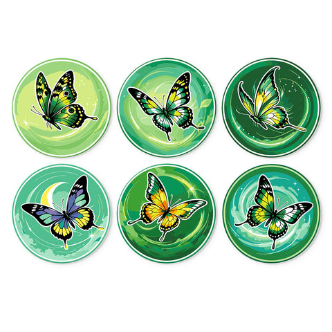 Portable Mini Paint by Numbers Set (6 in) For Kids featuring green butterflies, colorful wings, swirling nature patterns, moon shapes and sparkling backgrounds