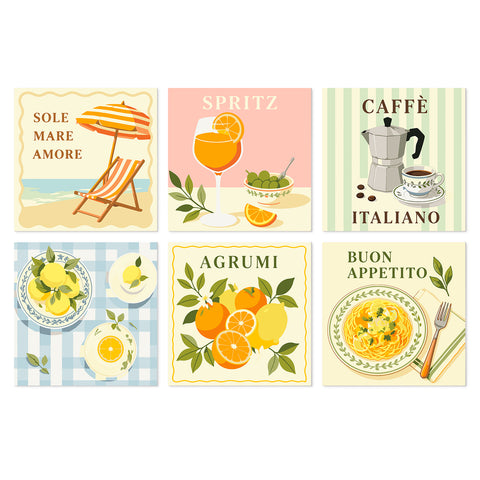 Portable Mini Paint by Numbers Set (6 in) For Kids with Italian cafe, lemon fruit, spritz drink, coffee, seaside beach chair and Mediterranean food designs