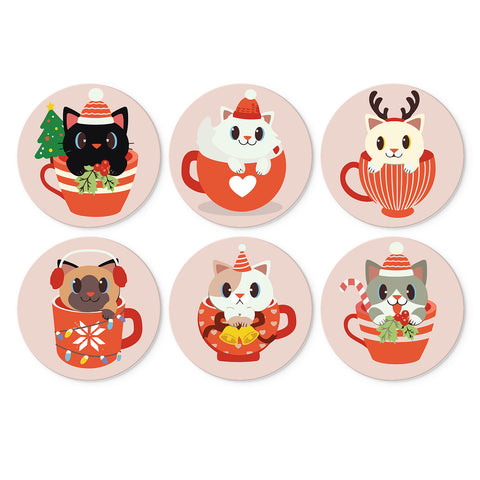 Portable Mini Paint by Numbers Set (6 in) For Kids featuring Christmas cats and puppy in festive mugs with winter hats, reindeer antlers, candy cane and holly