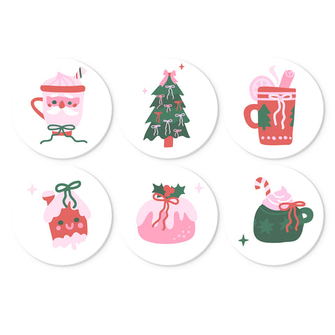 Portable Mini Paint by Numbers Set (6 in) For Kids featuring pink Christmas drinks, Santa mug, holiday tree, dessert, candy cane and holly designs