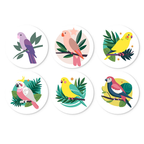 Portable Mini Paint by Numbers Set (6 in) For Kids featuring tropical parrots, colorful birds, leafy branches and botanical nature designs