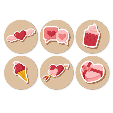 Portable Mini Paint by Numbers Set (6 in) For Kids featuring winged heart, love messages, cupcake, ice cream, heart arrow and pink gift box designs