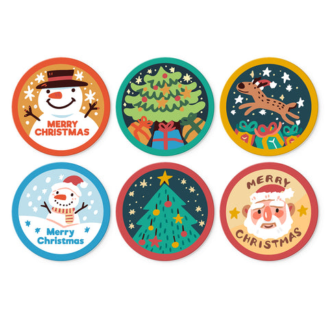 Paint by numbers Christmas mini set featuring six round festive designs with snowmen, Christmas trees, reindeer, Santa Claus, colorful gifts, stars, and Merry Christmas decorations.