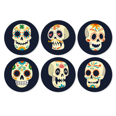Portable Mini Paint by Numbers Set (6 in) For Kids featuring six sugar skull faces with floral, heart, geometric and colorful folk-inspired patterns
