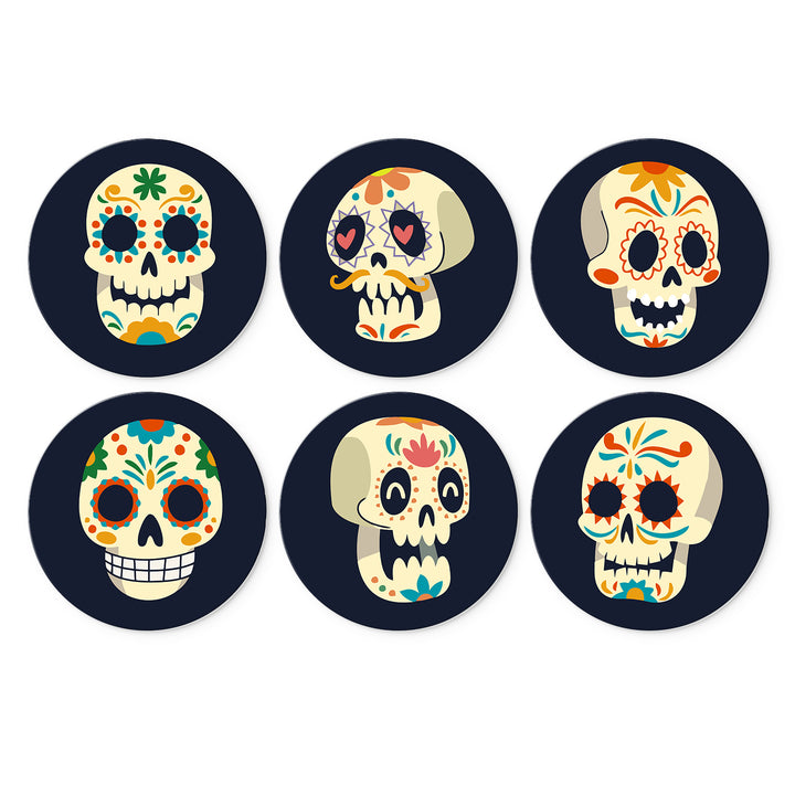 Portable Mini Paint by Numbers Set (6 in) For Kids featuring six sugar skull faces with floral, heart, geometric and colorful folk-inspired patterns