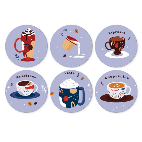 Portable Mini Paint by Numbers Set (6 in) For Kids featuring espresso, Americano, latte, cappuccino, milk coffee and whipped cream cafe drink designs