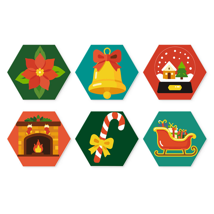 Portable Mini Paint by Numbers Set (6 in) For Kids with Christmas bell, fireplace, poinsettia, candy cane, winter snow scene and Santa sleigh designs
