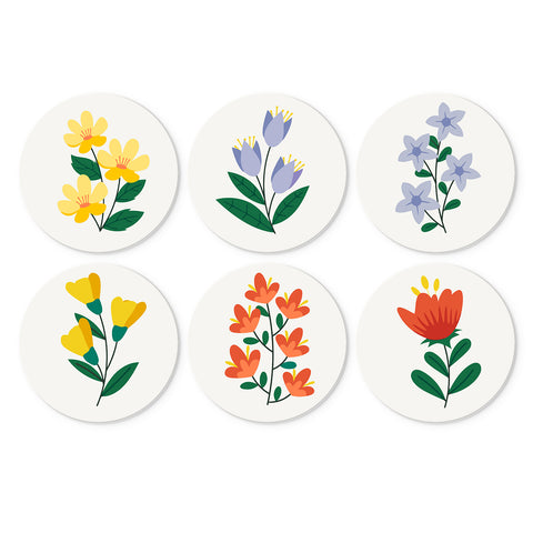 Portable Mini Paint by Numbers Set (6 in) For Kids featuring simple yellow, blue, orange and red garden flowers with green leaves and botanical stems