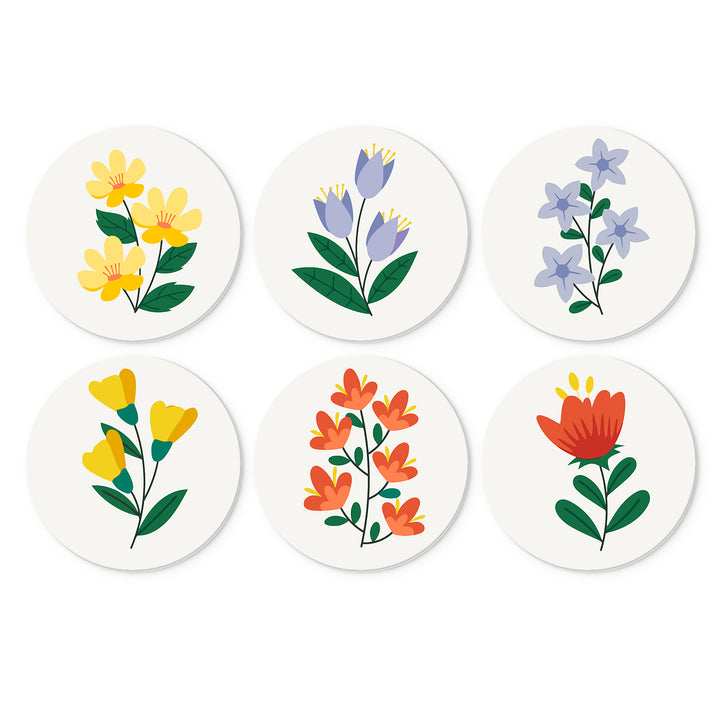 Portable Mini Paint by Numbers Set (6 in) For Kids featuring simple yellow, blue, orange and red garden flowers with green leaves and botanical stems