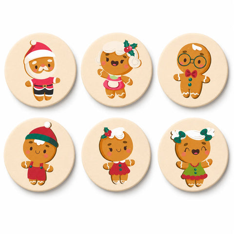 Christmas Gingerbread Family Portable Mini Paint by Numbers Set (6 in) For Kids with six festive gingerbread characters in Santa hats, winter outfits, holly and bows