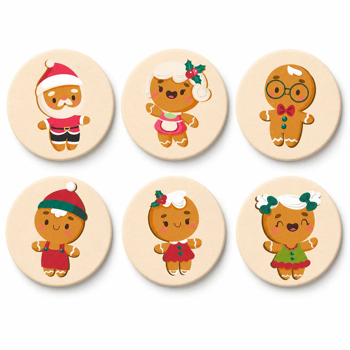 Christmas Gingerbread Family Portable Mini Paint by Numbers Set (6 in) For Kids with six festive gingerbread characters in Santa hats, winter outfits, holly and bows