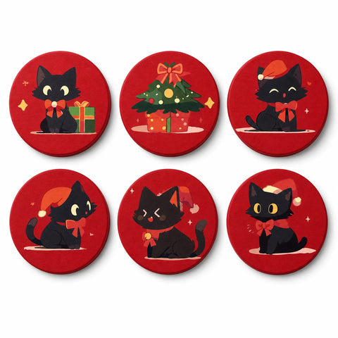 Black Cats with Christmas Gifts Portable Mini Paint by Numbers Set (6 in) For Kids featuring six festive black cat designs with Santa hats, red bows, presents and Christmas tree