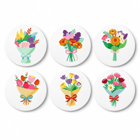 Six Fresh Flower Bouquets Portable Mini Paint by Numbers Set (6 in) For Kids featuring colorful roses, tulips, daisies and mixed floral arrangements with ribbons