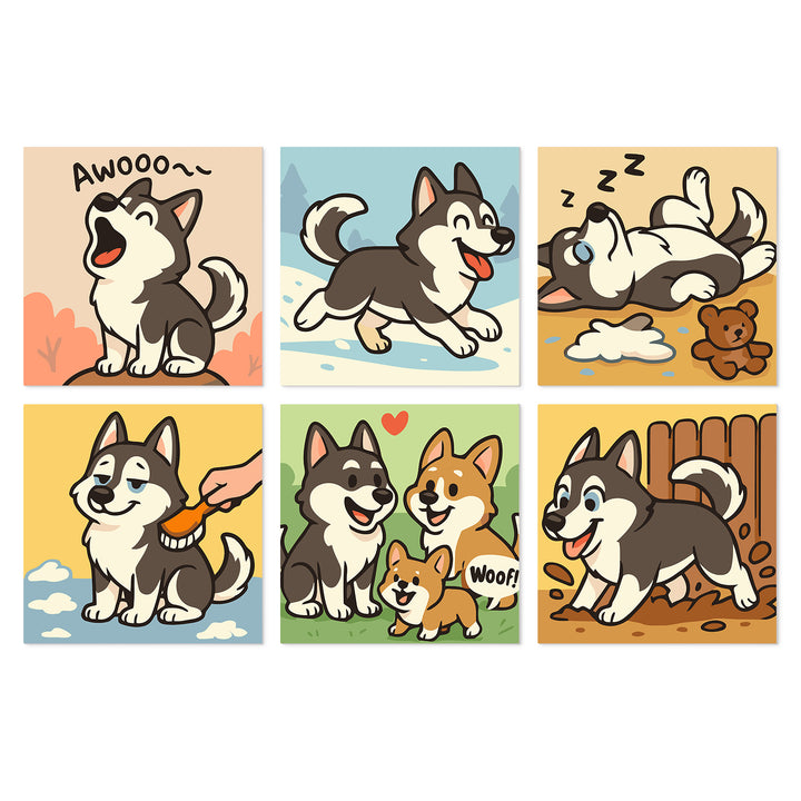 Portable Mini Paint by Numbers Set (6 in) For Kids with cartoon husky howling, running through snow, sleeping beside a teddy bear, being brushed, greeting dog friends and digging by a fence