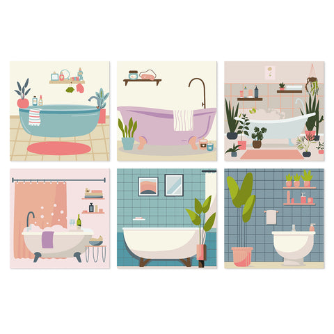 Portable Mini Paint by Numbers Set (6 in) For Kids with bathtub interior, cozy bathroom, tiled room, plants, shelves and modern home design scenes