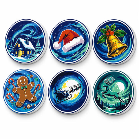 Christmas Winter Night Icons Portable Mini Paint by Numbers Set (6 in) For Kids with snowy cottage, Santa hat, bell, gingerbread man, sleigh and reindeer