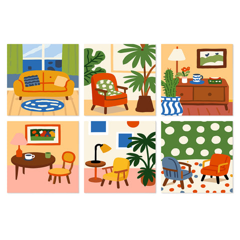 Portable Mini Paint by Numbers Set (6 in) For Kids with cozy living room, sofa, armchair, cabinet, coffee table, plants and modern interior designs