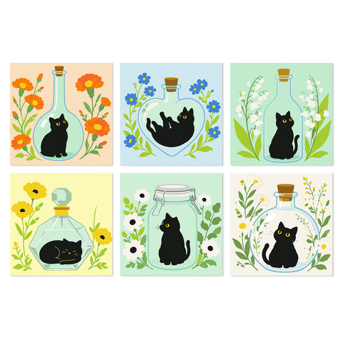 Portable Mini Paint by Numbers Set (6 in) For Kids with black cat, flower bottle, glass jar, floral decorations, leaves and cute pet designs