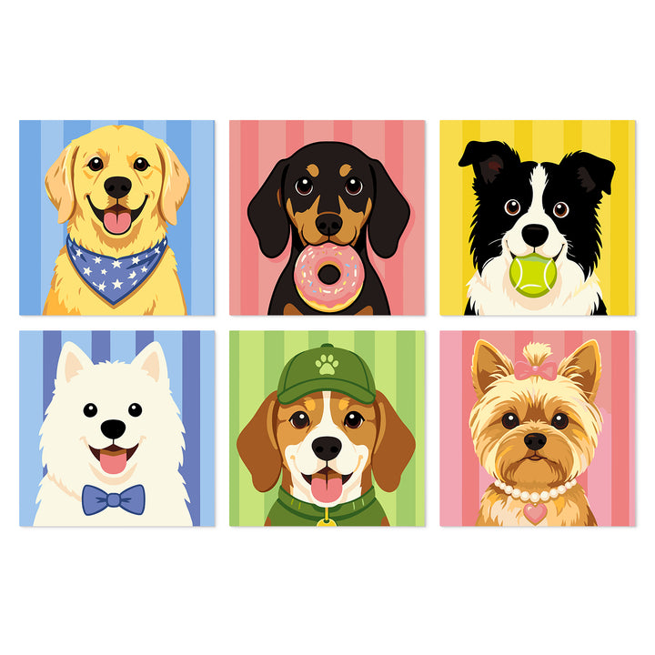 Portable Mini Paint by Numbers Set (6 in) For Kids with golden retriever, dachshund, border collie, white puppy, dog cap and Yorkie pet portrait designs